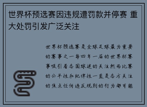 世界杯预选赛因违规遭罚款并停赛 重大处罚引发广泛关注 世界杯预选赛因违规遭罚款并停赛 重大处罚引发广泛关注